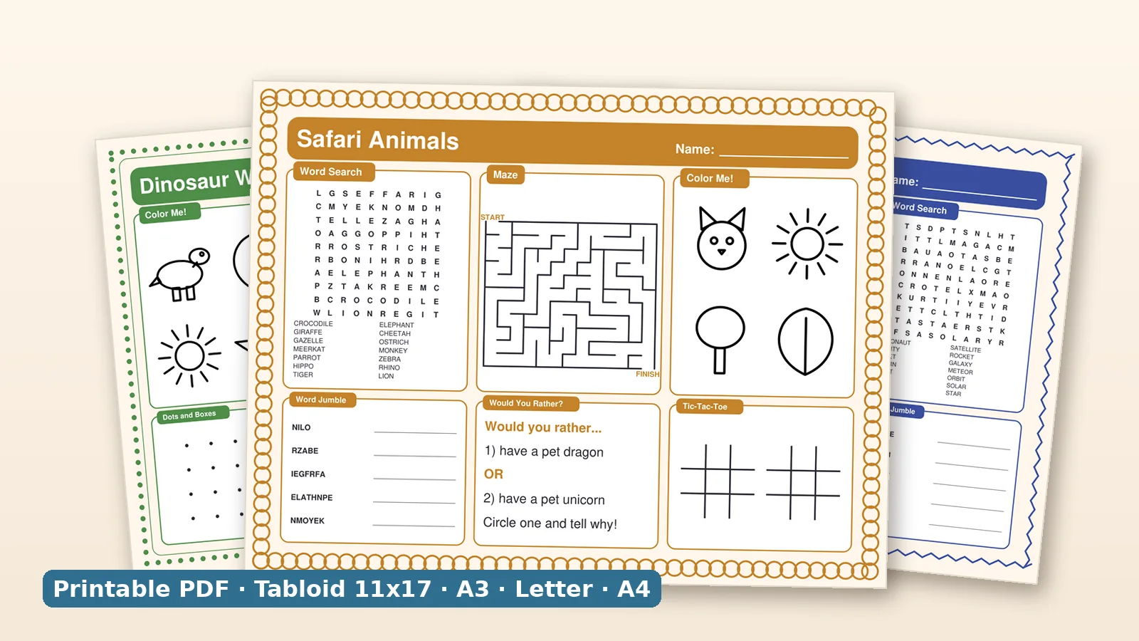 A finished printable activity placemat with word search, maze and coloring blocks on a kitchen table