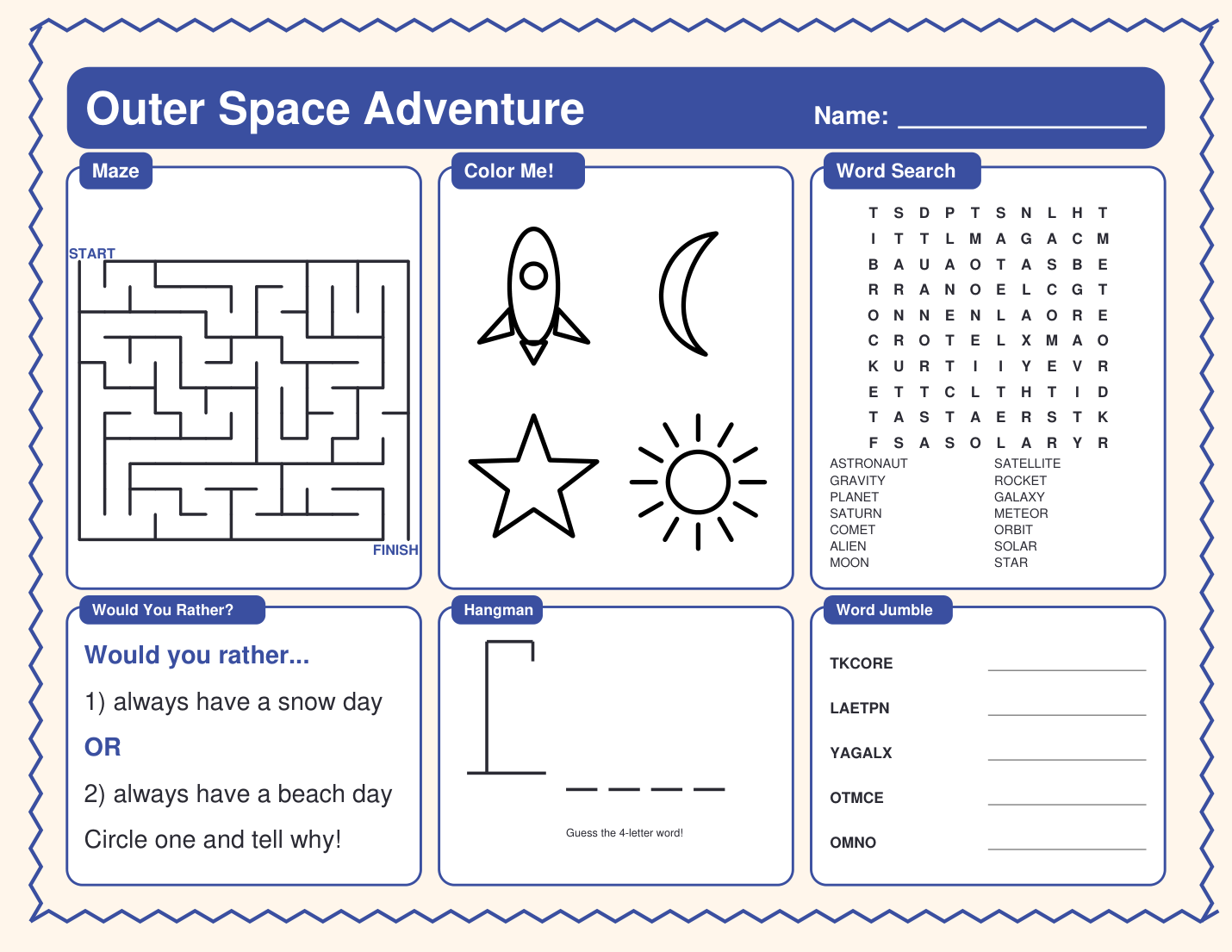 A finished space-themed activity placemat with maze, word search and coloring blocks