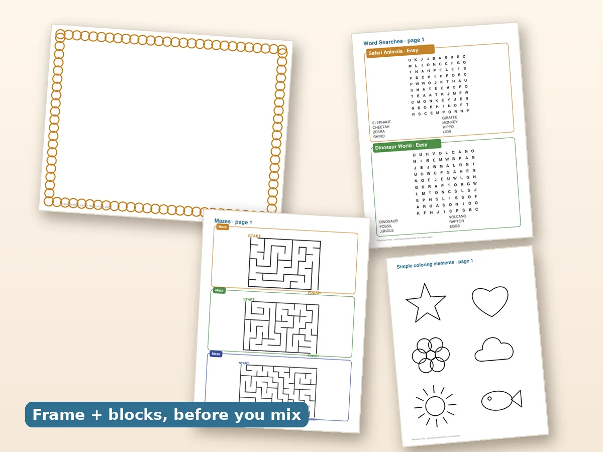 Activity blocks and a corner frame laid out before being combined into a placemat