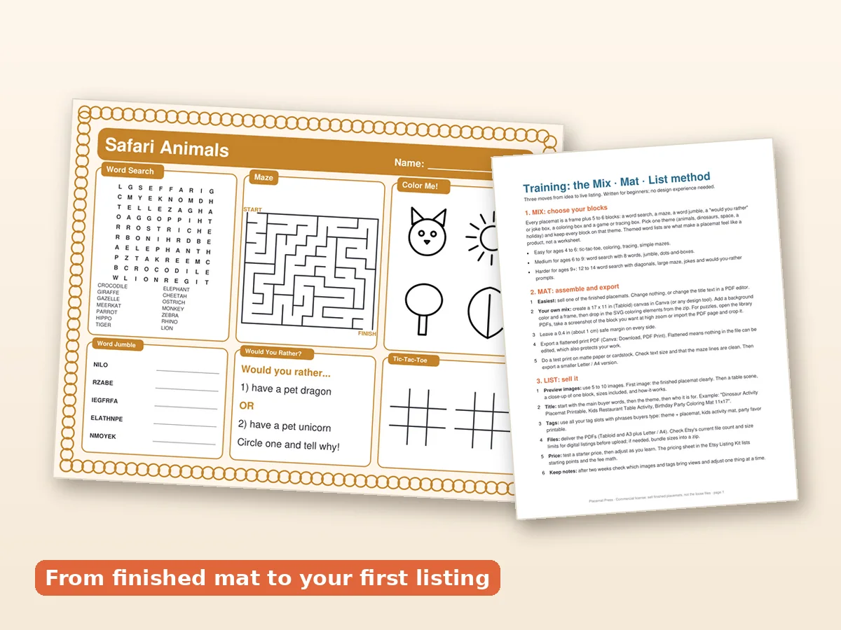 A placemat mockup beside a laptop showing a listing draft