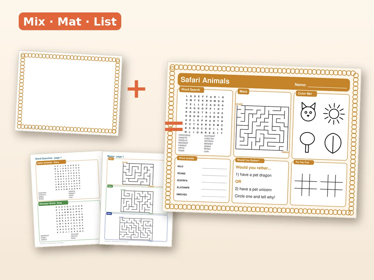 Diagram: mix blocks, place them in a frame, export, list