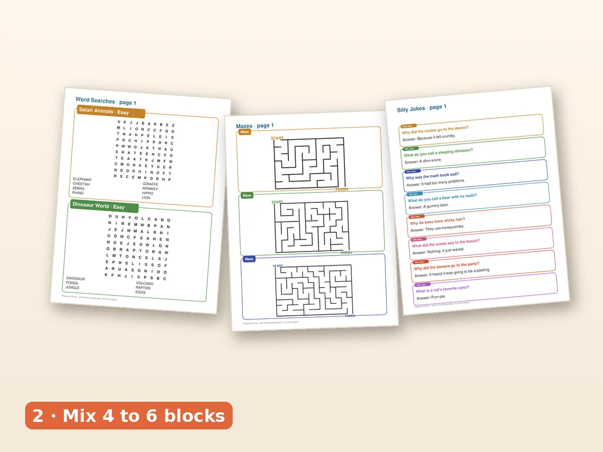 Activity blocks being combined on a table: a word search, a maze and a coloring element