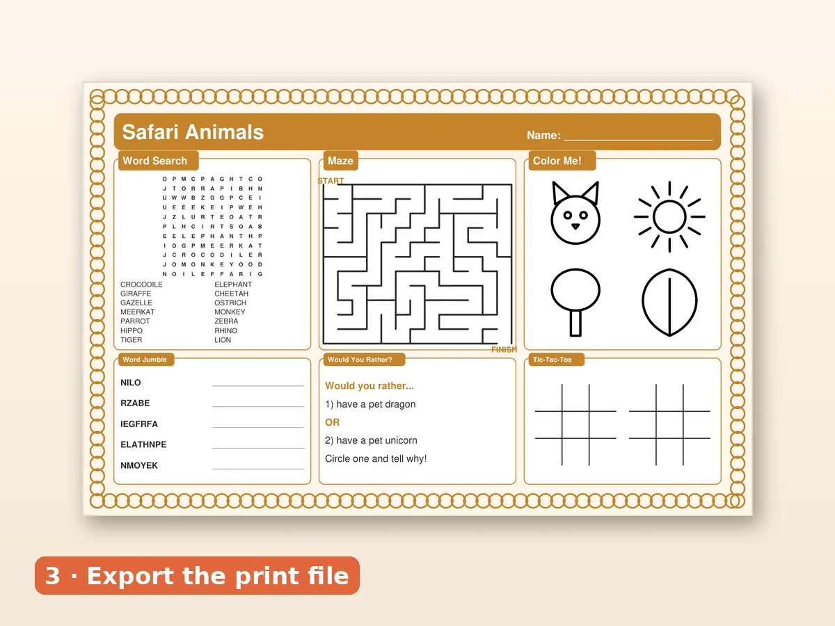 A placemat being exported as a flattened PDF in several sizes