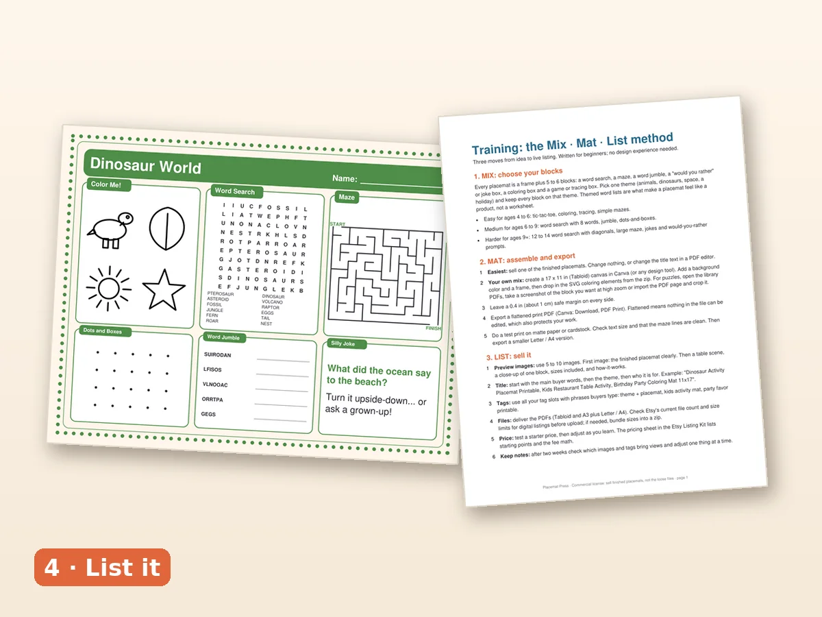 A listing draft on a laptop beside a printed placemat and a notebook with a checklist