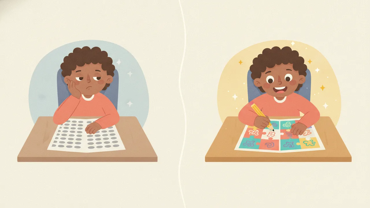 A bored child with a plain worksheet beside an excited child with a colorful puzzle