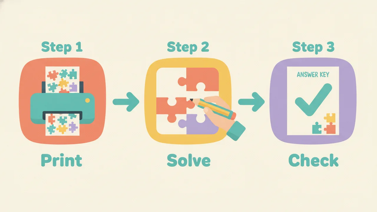Three steps to use the puzzles: print, solve, then check against the answer key