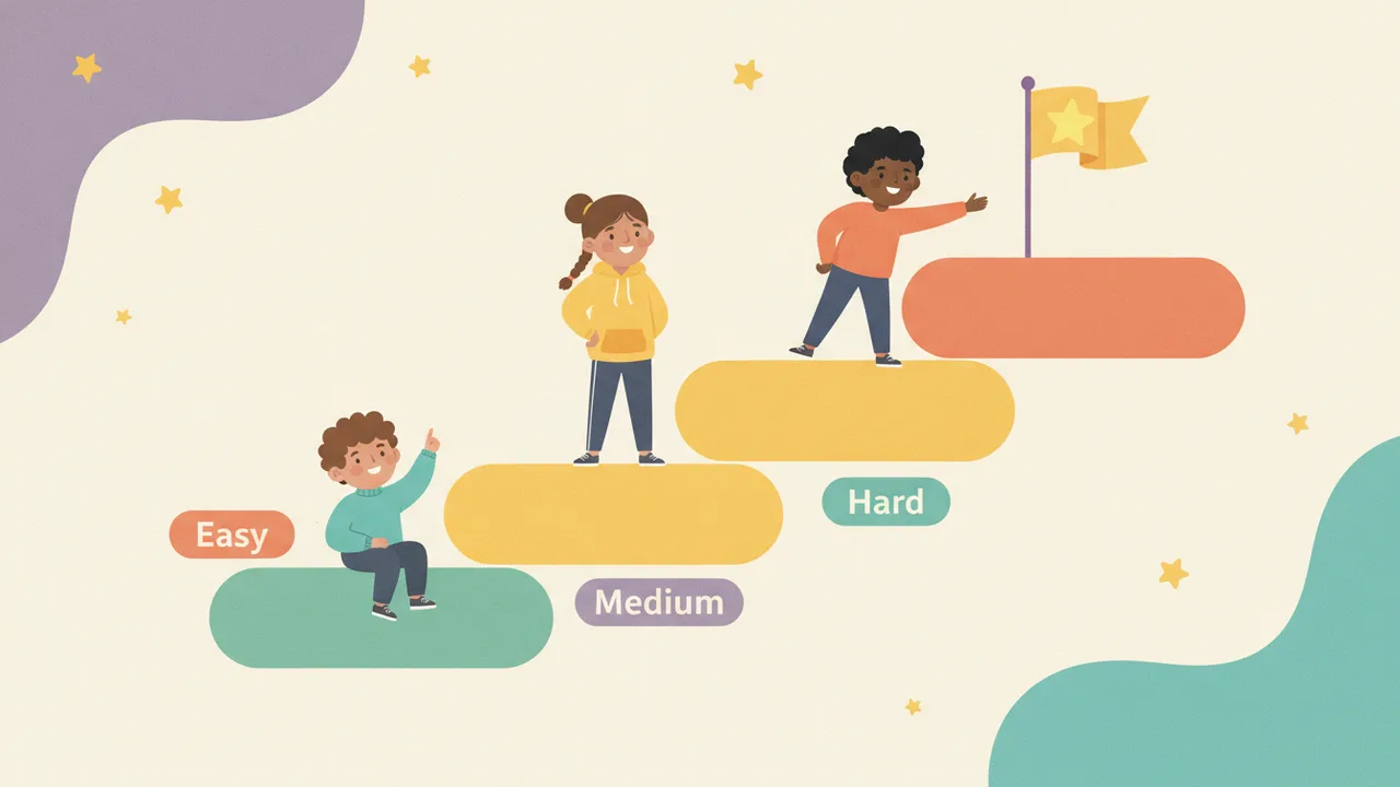Three difficulty levels shown as steps: easy, medium and hard