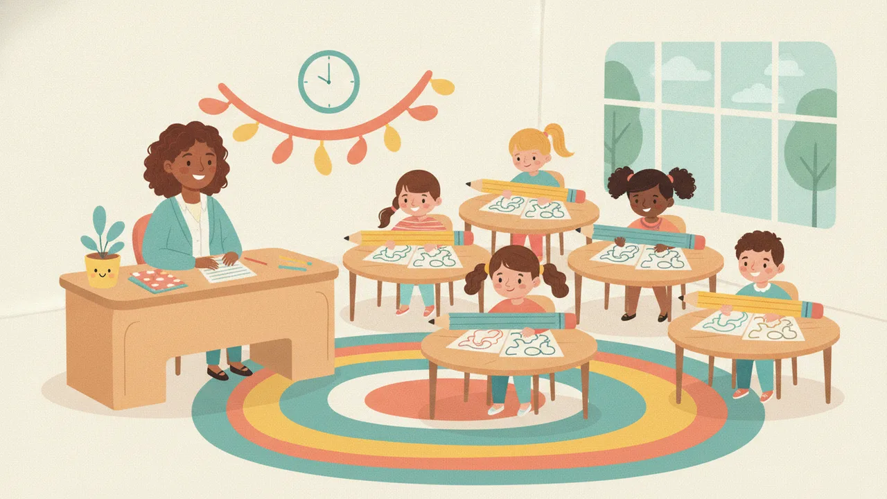 A classroom of children solving printed math puzzles at their desks