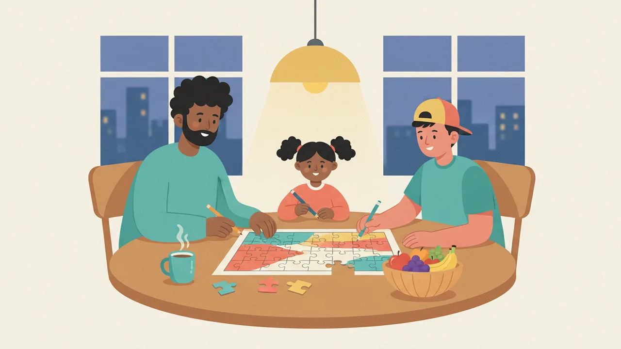 A family solving a math puzzle together at a kitchen table