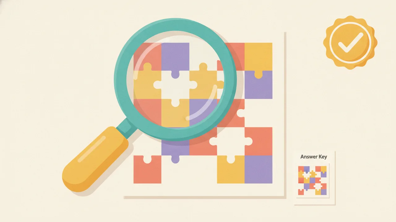 A magnifying glass over a puzzle with an answer key, showing a verified solution