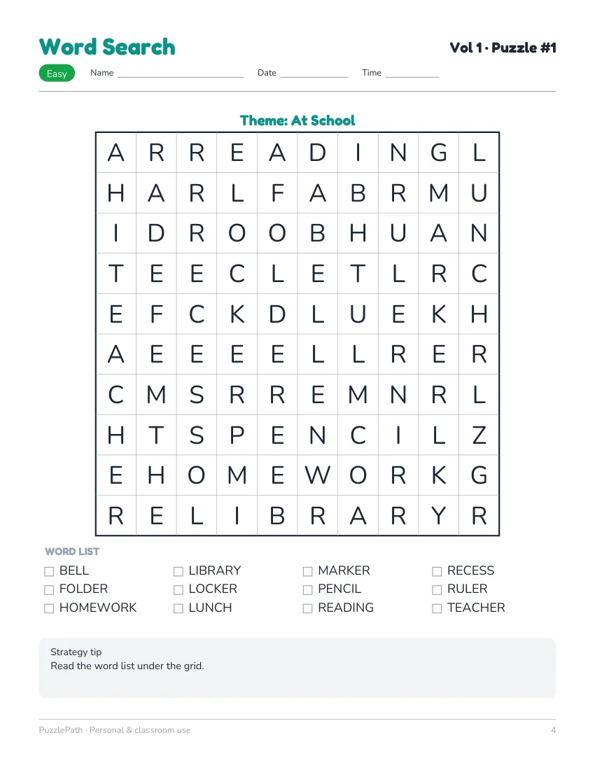 An easy-level PuzzlePath word search page with the theme At School and a word list