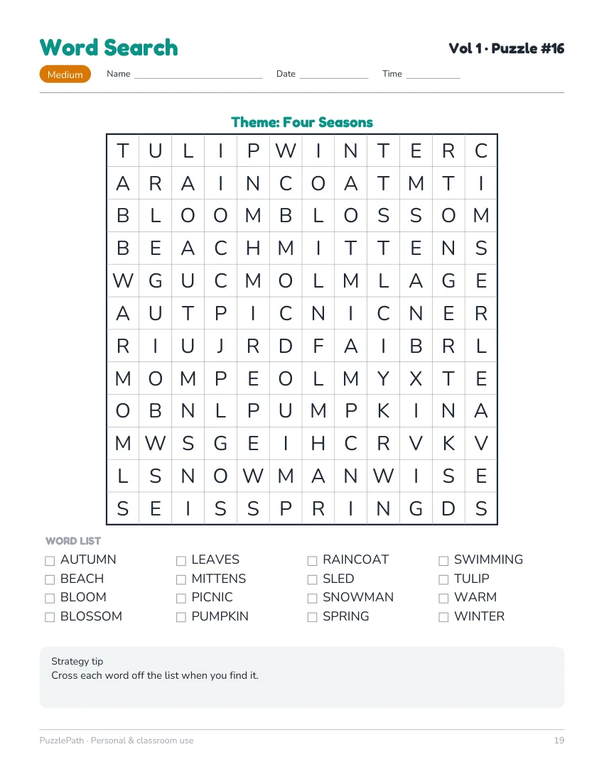 A medium word search with the theme Four Seasons, a 12 by 12 grid and 16 words