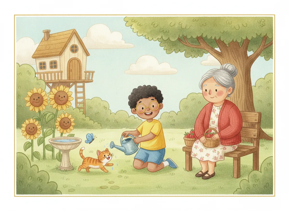 Stage 1 cover illustration of a boy and his grandmother watering sunflowers with a small cat