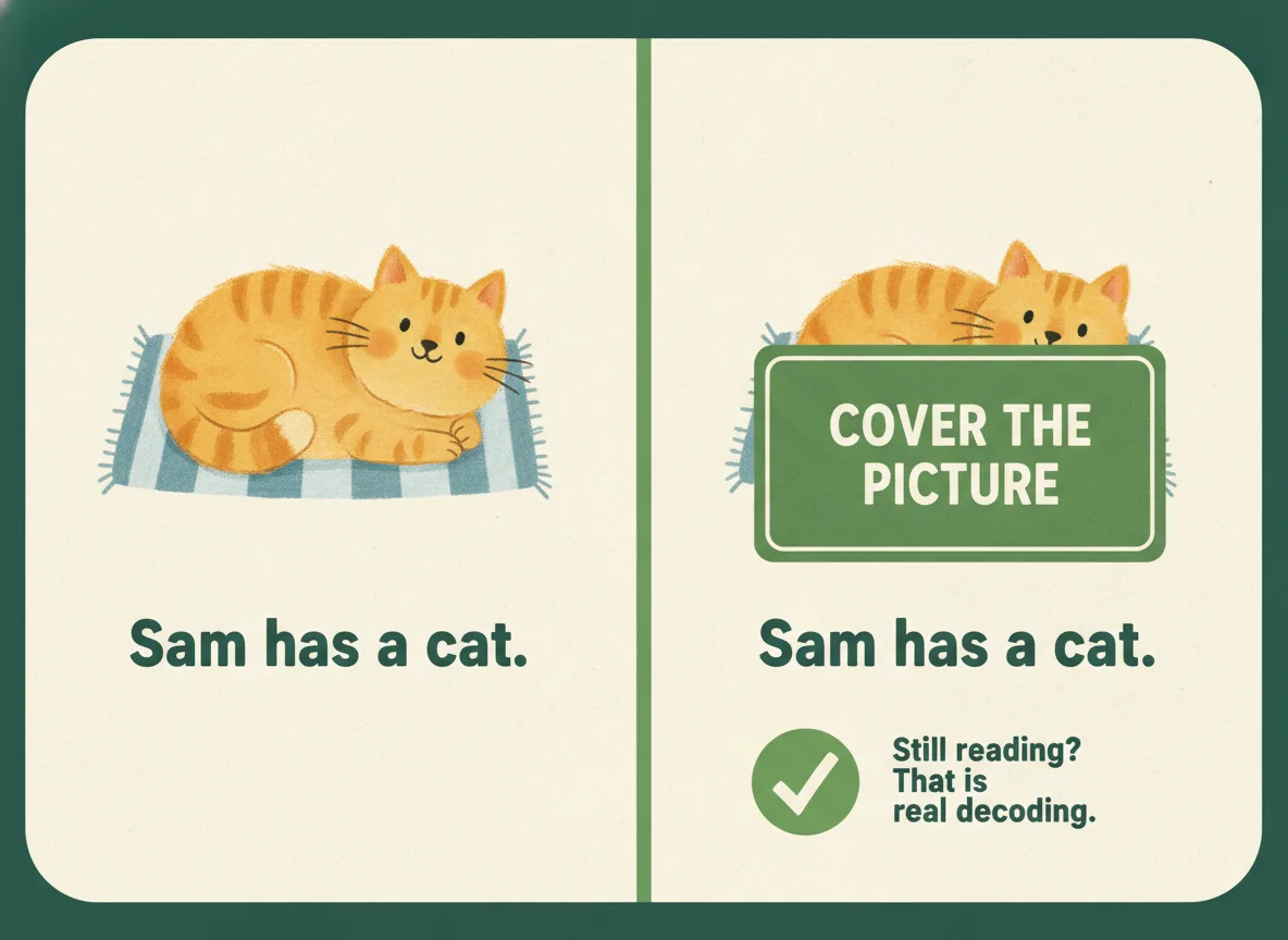 The cover-the-picture check: the same sentence with and without the picture, to see if a child is really decoding
