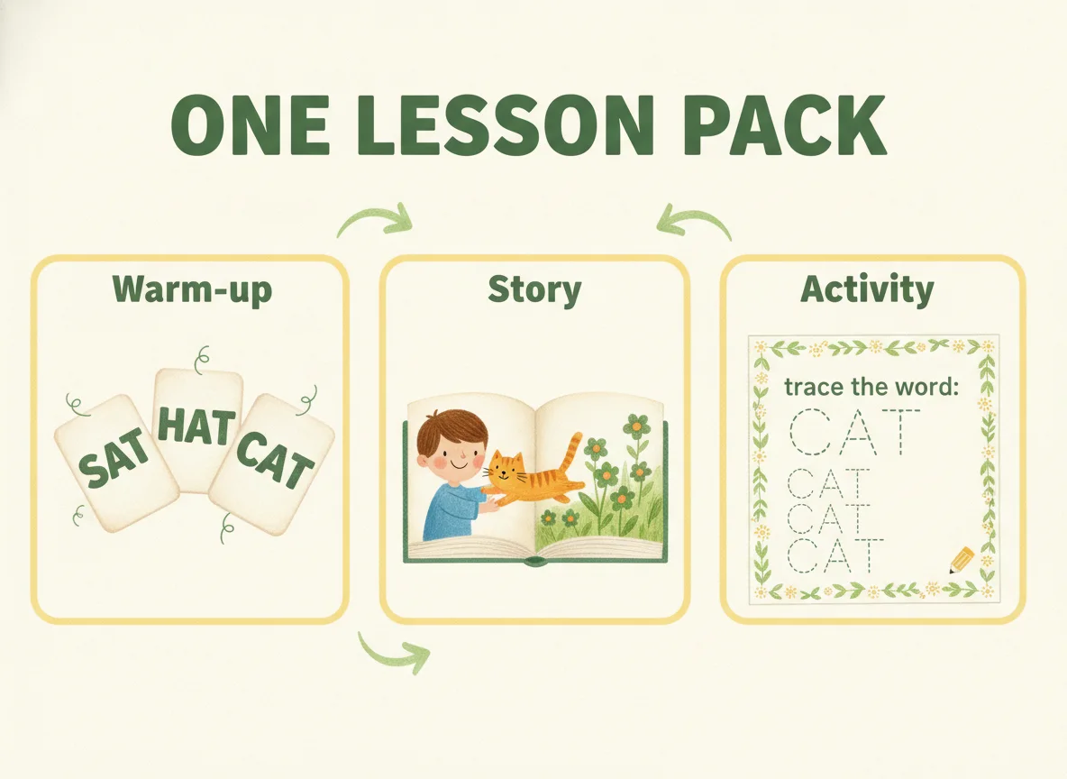 One lesson pack with a warm-up, a story and an activity page