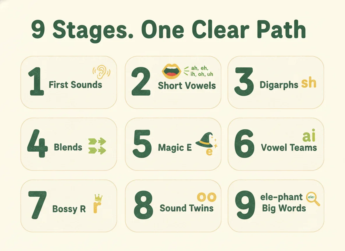 The nine stages of the decodable readers path, from first sounds to big words