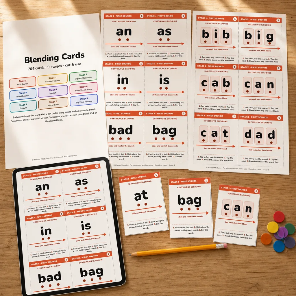Printed blending cards with words such as an, as, bib, big, cab and can, with letter tiles on the table