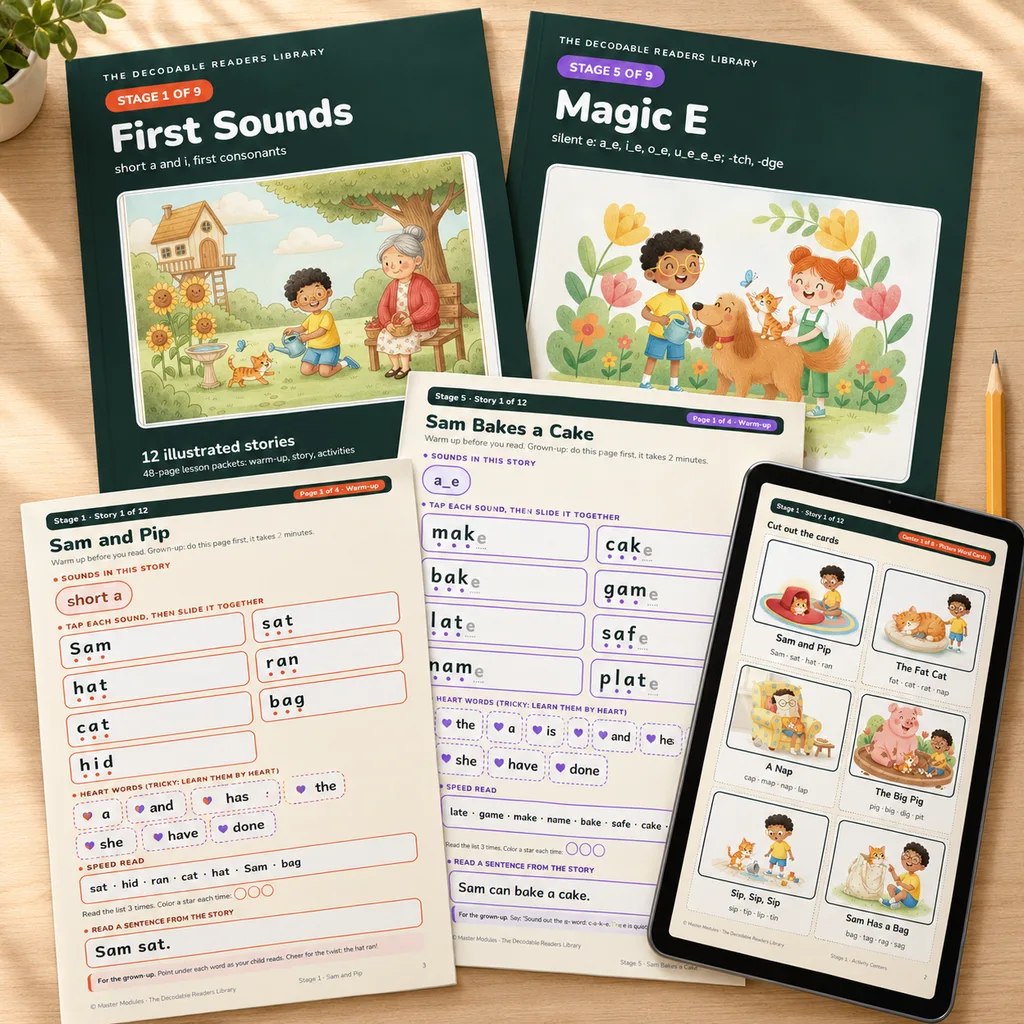 The 260 Phonics and Spelling Rule Posters set: color posters, a rule poster up close and a tablet