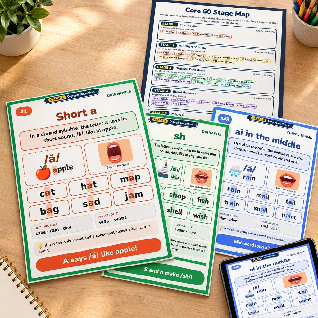 The core 60 phonics posters and stage map that come with the library, shown with printed sheets and a tablet