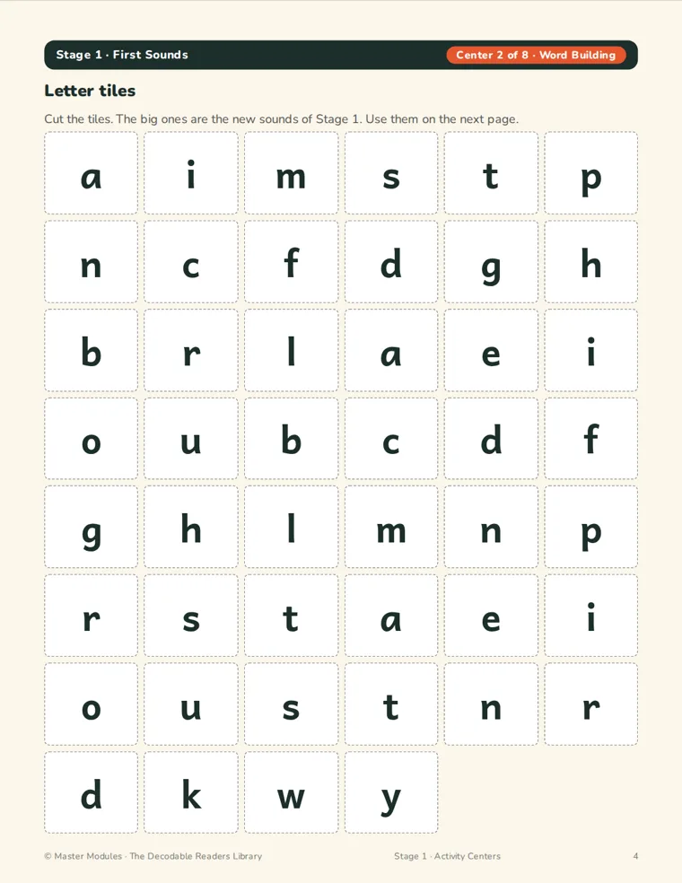 A Stage 1 center page of letter tiles to cut apart and use for building simple words