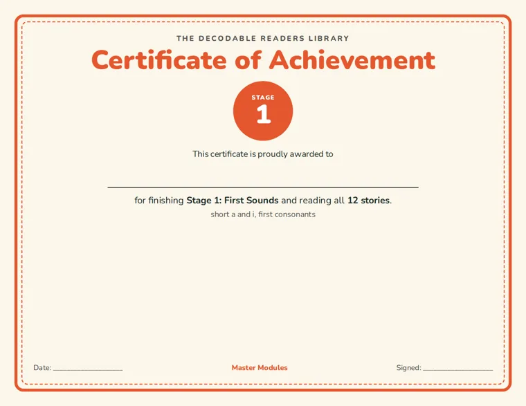 A Certificate of Achievement for finishing Stage 1, with space for the name, date and signature
