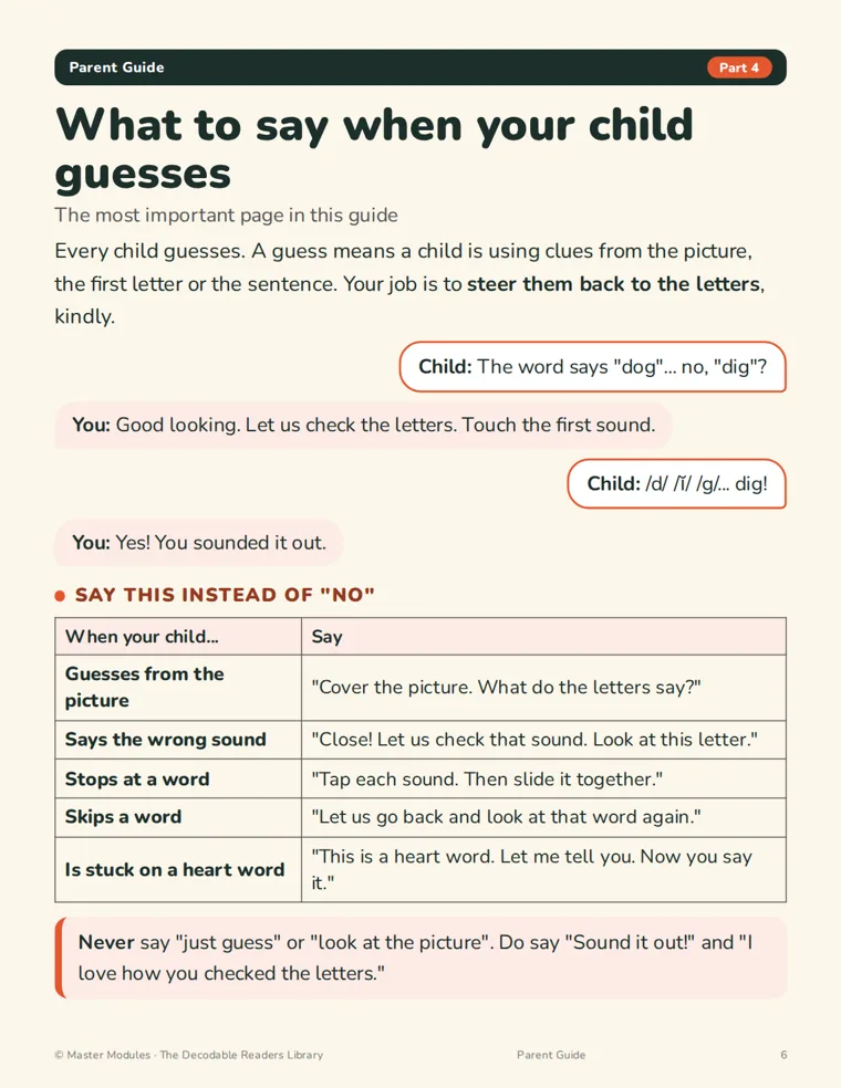 Parent guide page on what to say when a child guesses a word, with a table of prompts