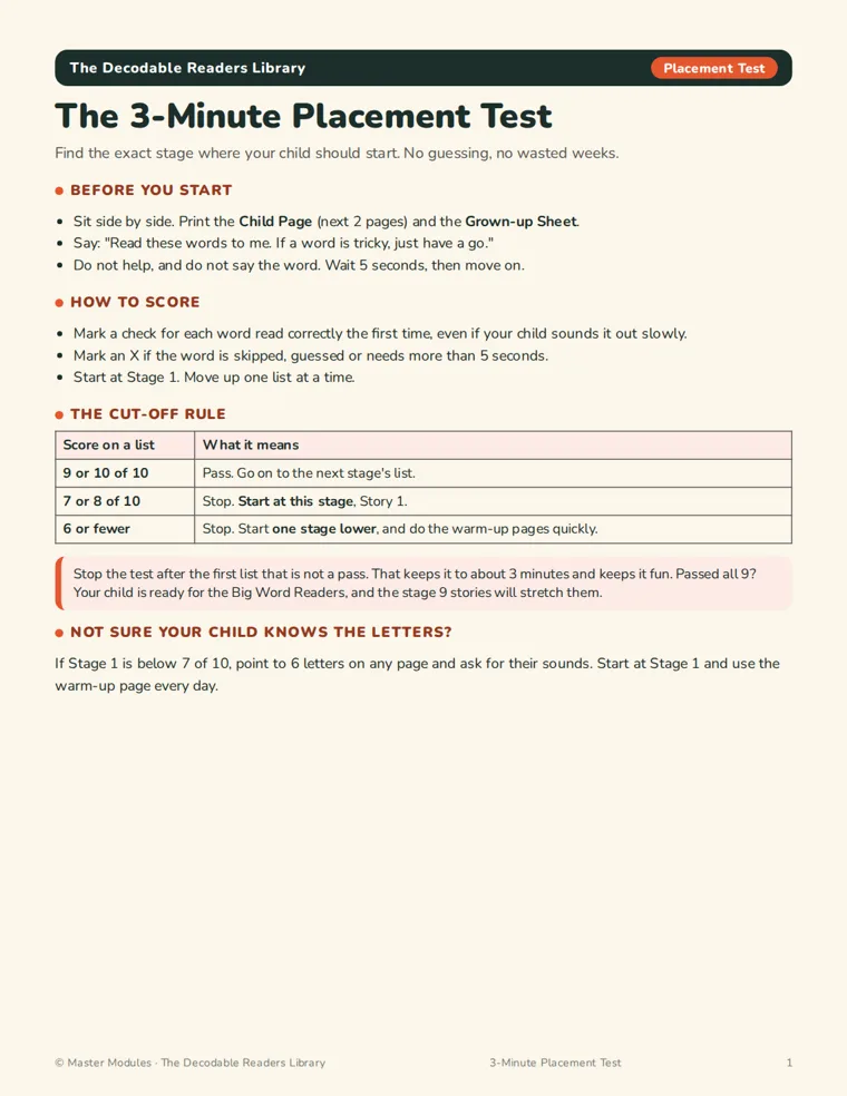The 3-minute placement test page with how-to-score steps and the cut-off rule