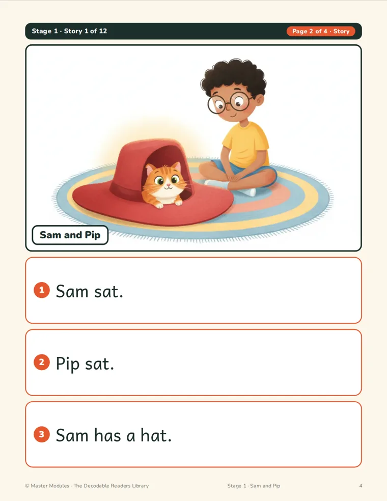 A Stage 1 story page, Sam and Pip, with an illustrated scene and three short decodable sentences