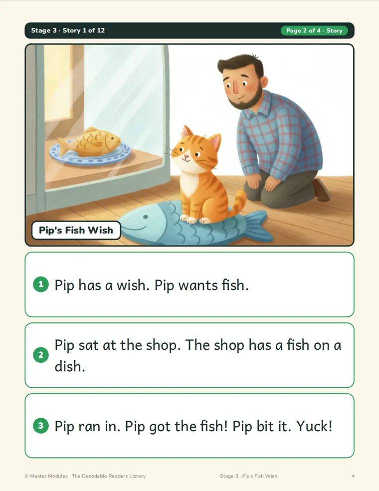 A Stage 3 story page, Pip's Fish Wish, with an illustration and three decodable sentences