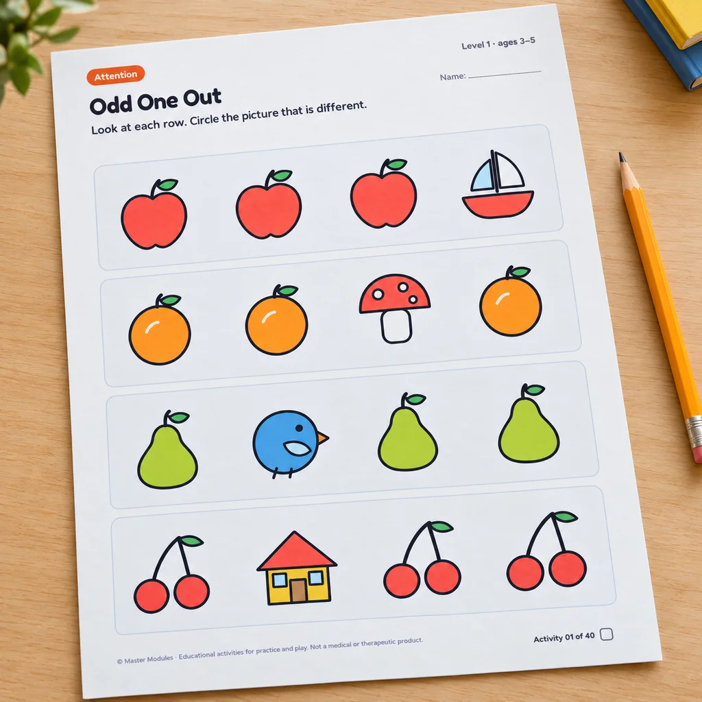Activity page: odd one out, circle the picture that is different in each row