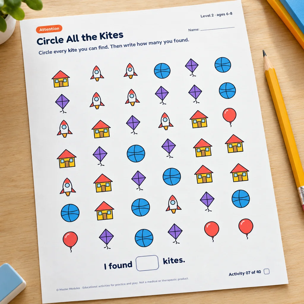 Activity page: circle all the kites, then write how many you found