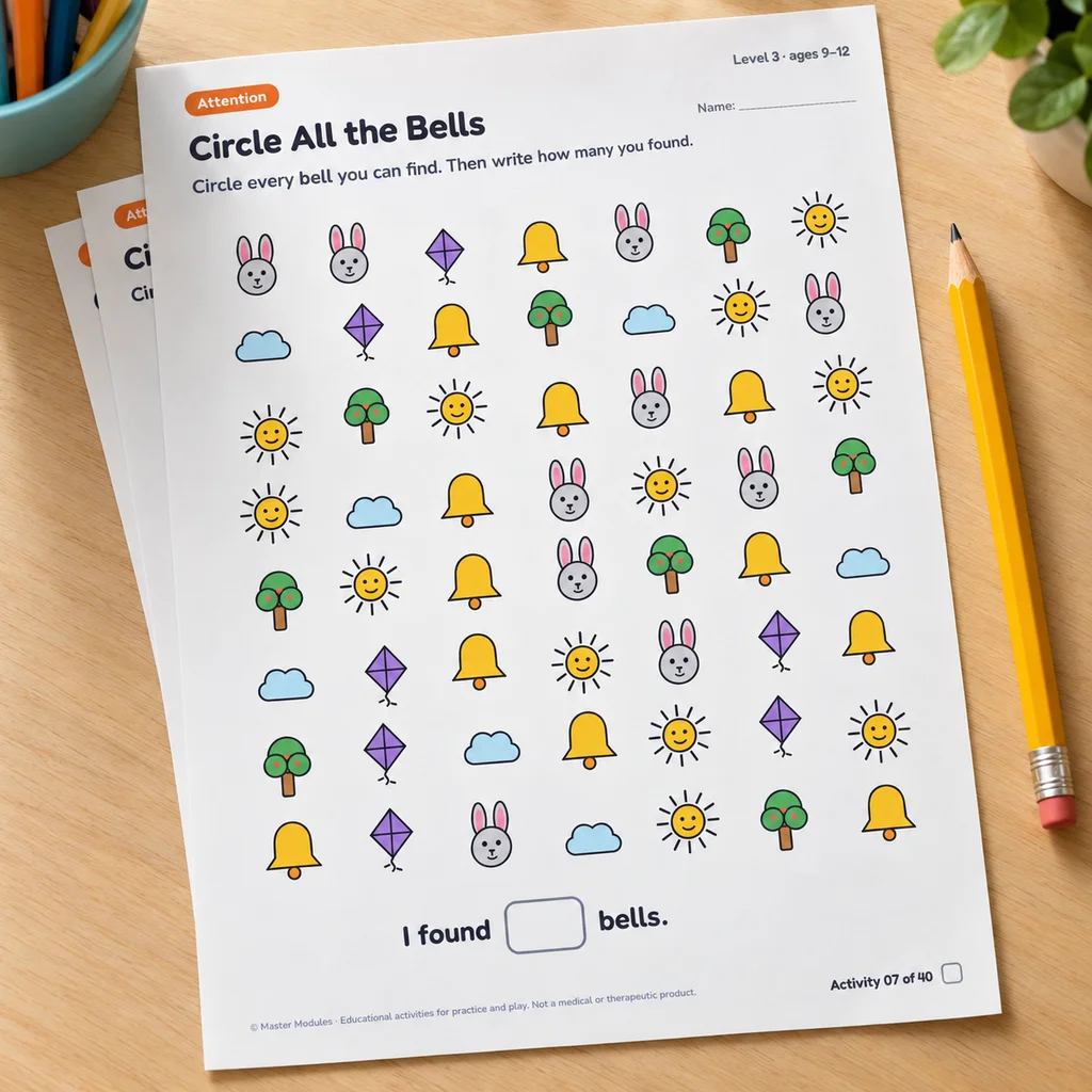 Activity page: circle all the bells, then write how many you found