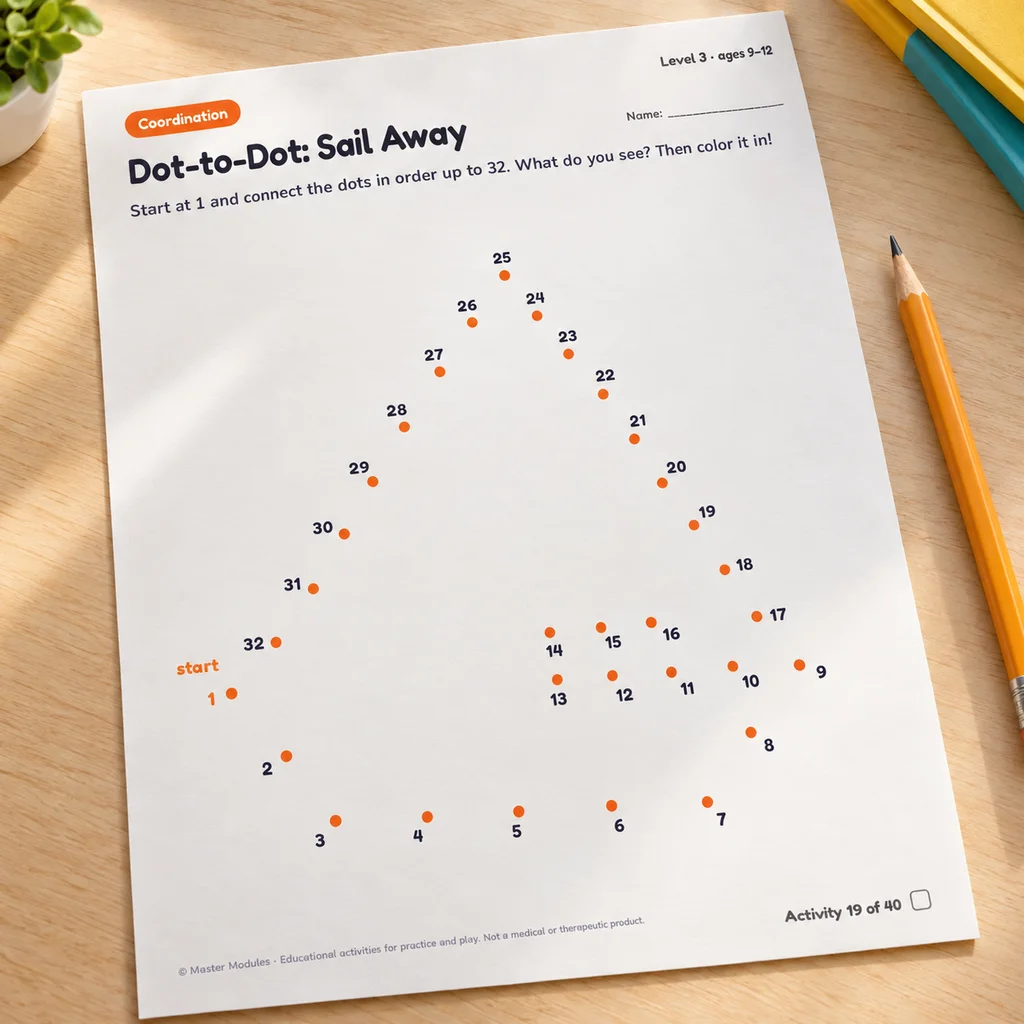 Dot-to-dot sailboat activity page that counts up to 25