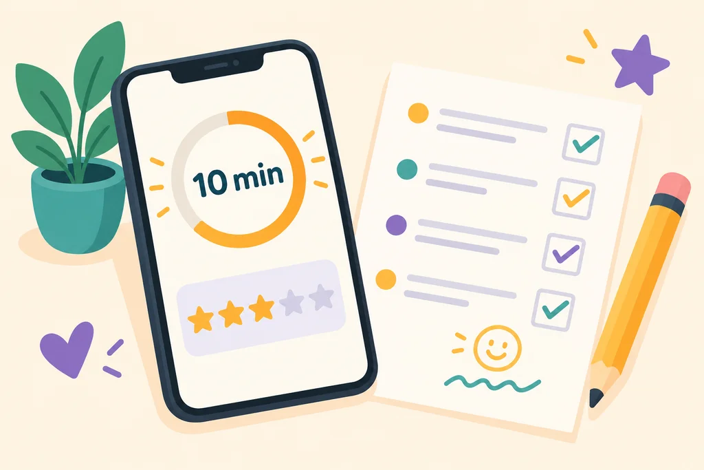 A 10-minute focus timer on a phone next to a printed checklist