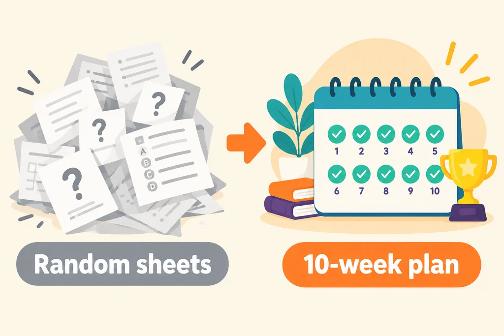 Random loose sheets compared with a clear 10-week plan on a calendar