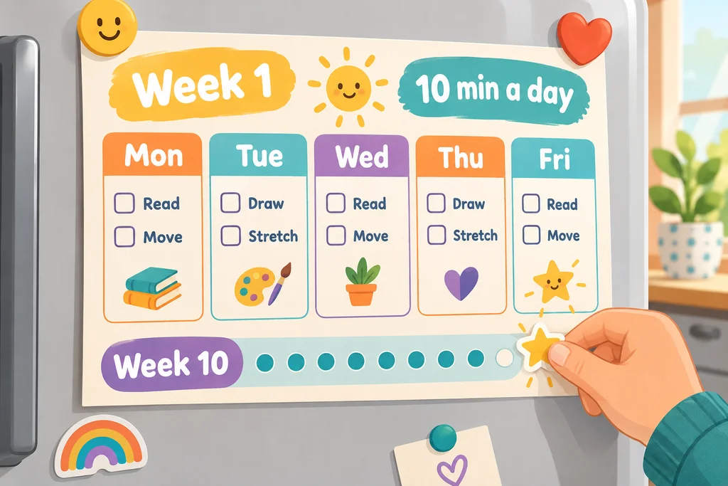 A fridge-sized 10-week routine chart with a few minutes per day and a star for each week