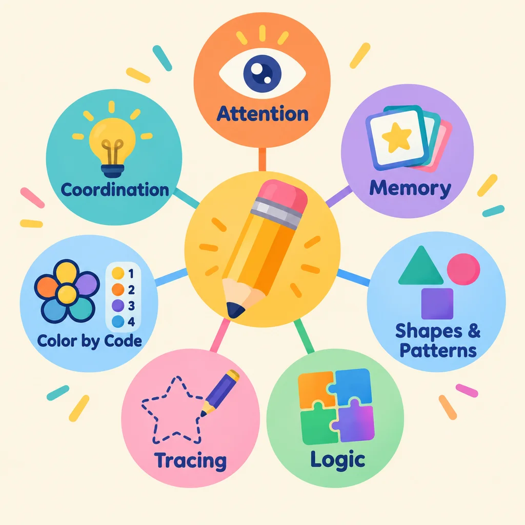 The seven skills in Focus Quest: attention, memory, coordination, color by code, shapes and patterns, tracing and logic