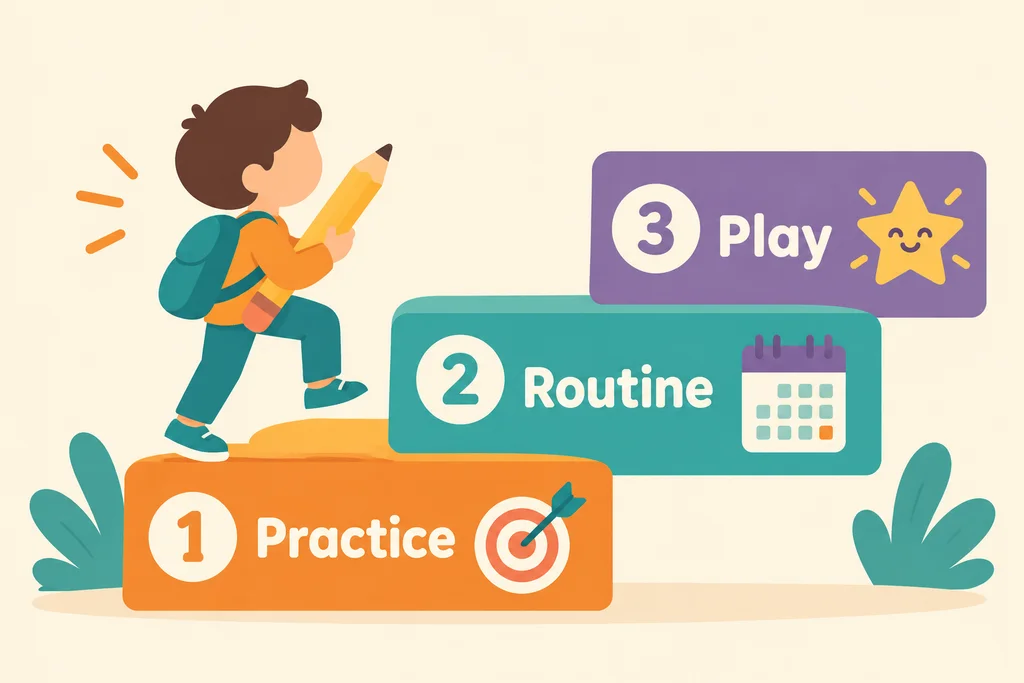 Three steps for a child: practice, then play, shown as a staircase