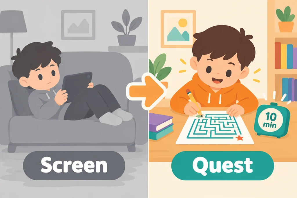 A child on a tablet on a gray couch beside the same child doing a maze with a timer, swapping screen for quest