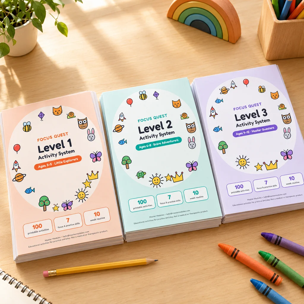 The three Focus Quest level books for ages 3 to 5, 6 to 8 and 9 to 12