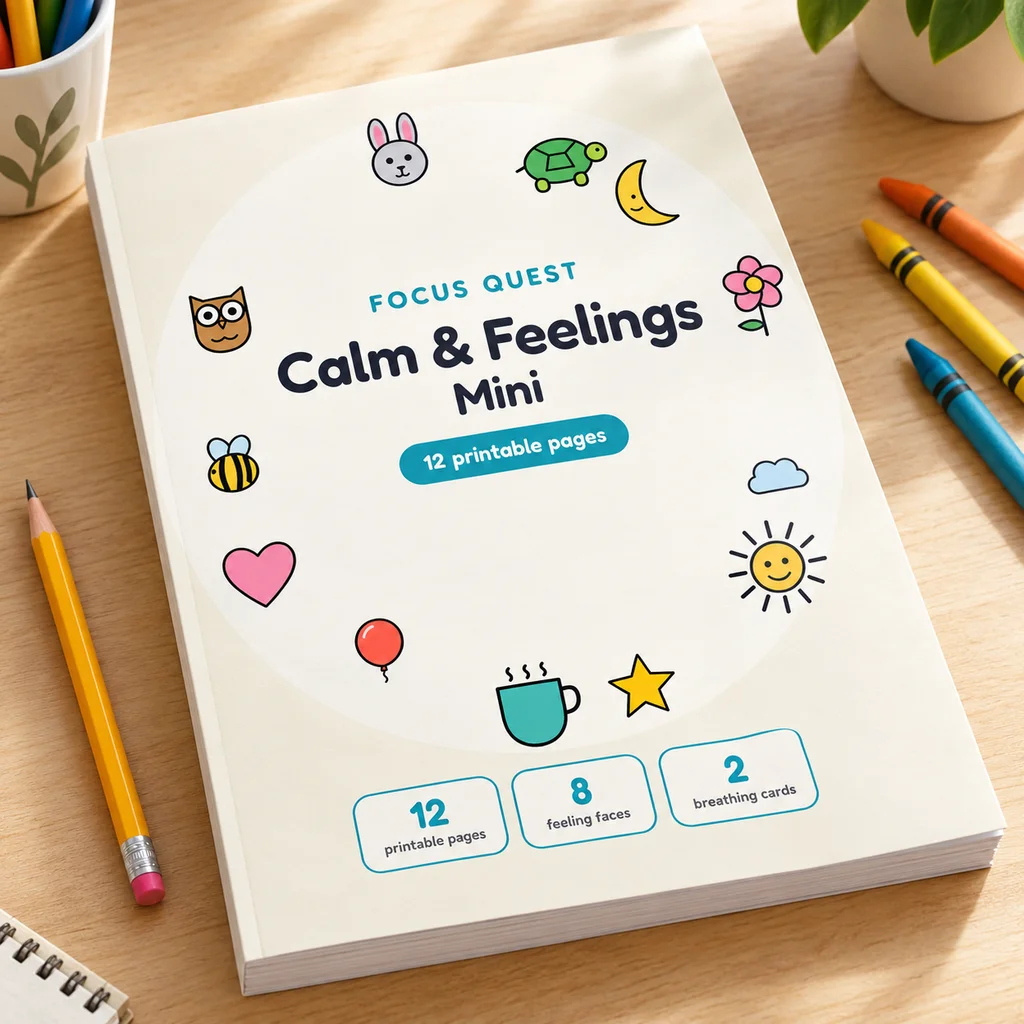 Calm and Feelings Mini booklet with 12 printable pages on feelings and breathing cards