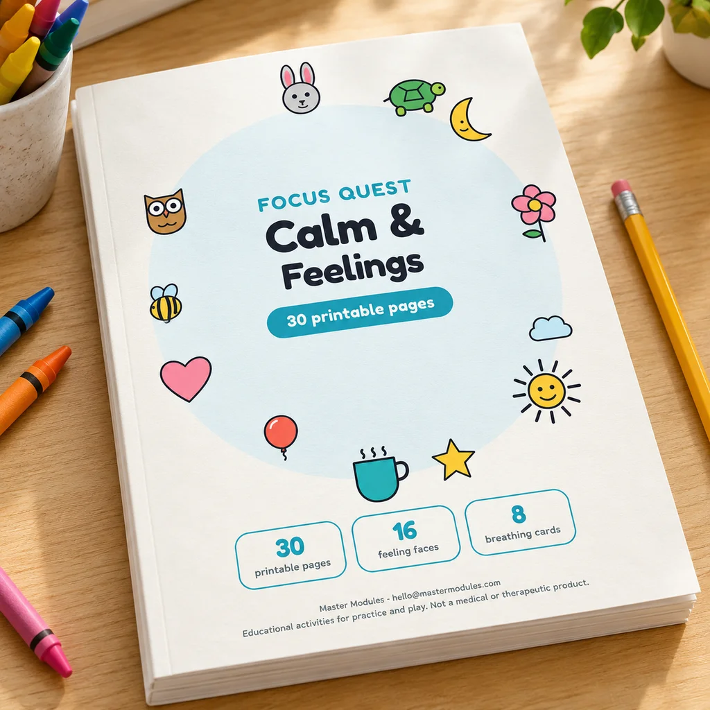 Calm and Feelings activity book with 30 printable pages, shown with crayons and a pencil