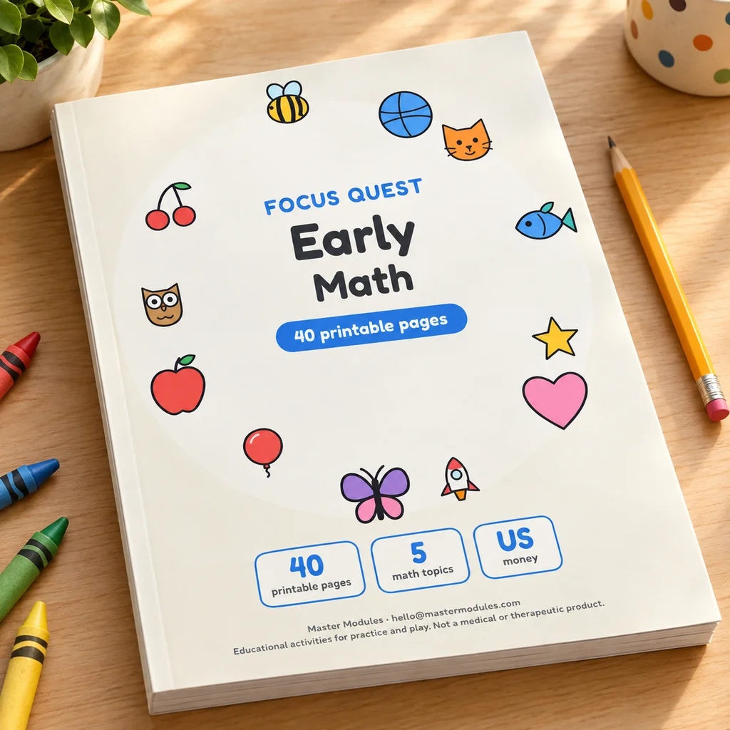 Early Math book with 40 printable pages on counting, shapes and number sense