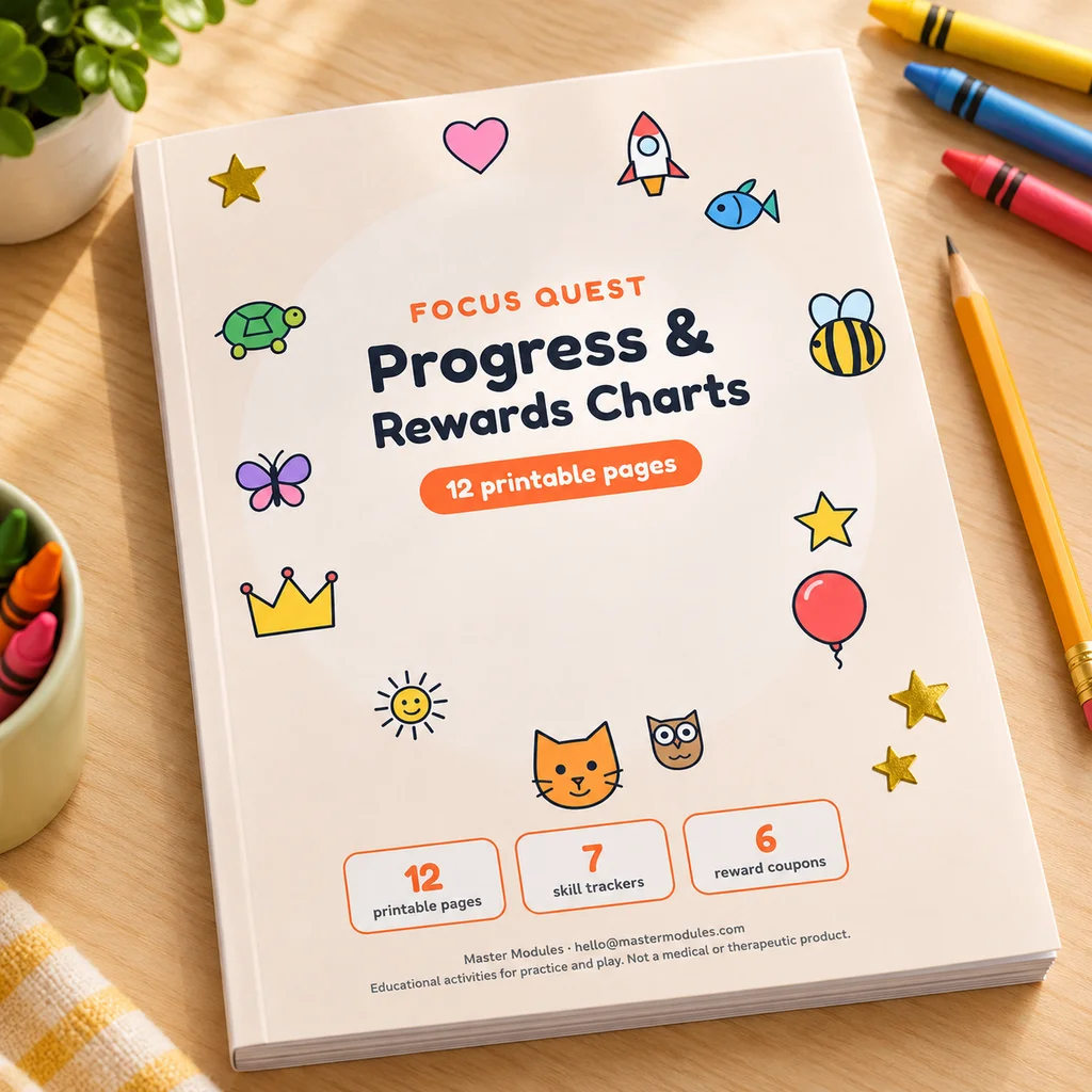 Progress and Rewards Charts book with 12 printable pages of trackers and reward coupons