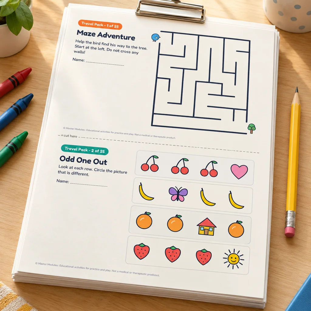 Travel pack with a maze page and an odd one out page on a clipboard