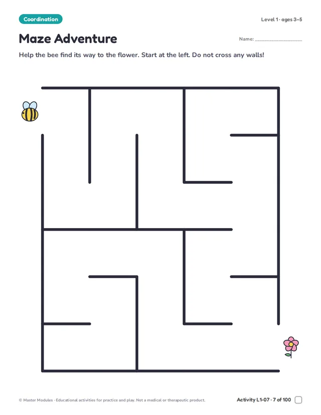A printable maze page, Maze Adventure, where a bee finds its way to the flower