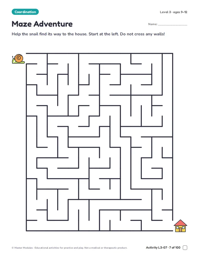 A harder printable maze page, Maze Adventure, where a snail finds its way to the house