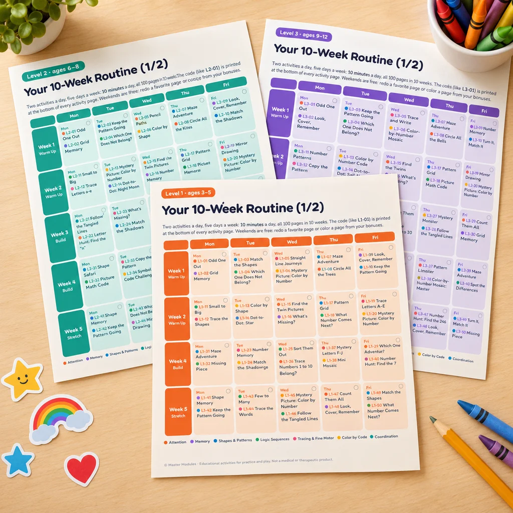 The 10-week routine pages for Level 1, 2 and 3, with a daily plan and room to check off each day