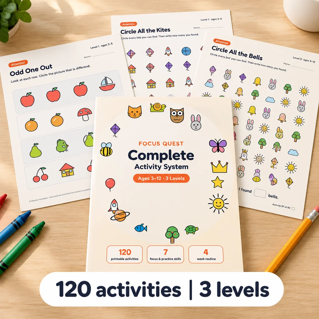 The Focus Quest Complete Activity System book with activity pages for odd one out and circle all
