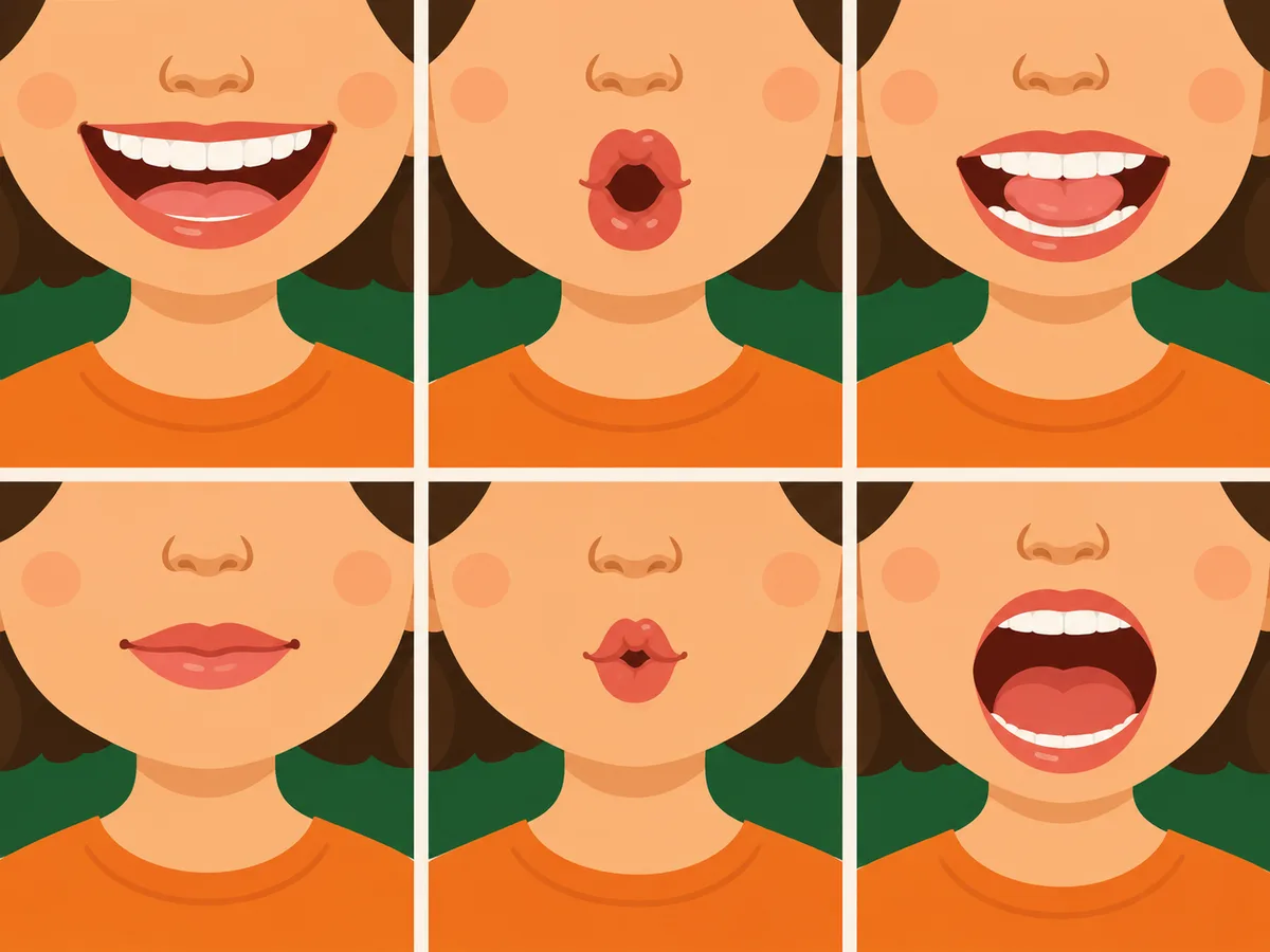 Six close-up mouth pictures showing how the lips and tongue move for different sounds